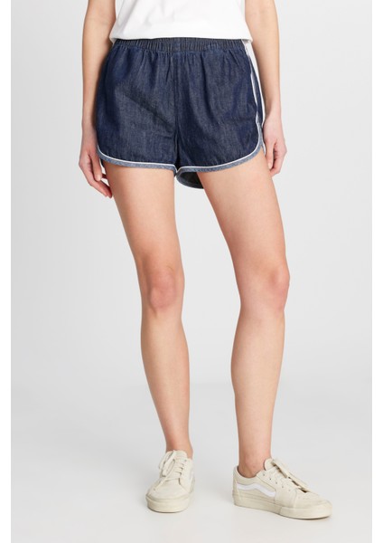 %100 Pamuk Relaxed Fit Geniş Kesim Normal Bel Koyu Mavi Denim Şort