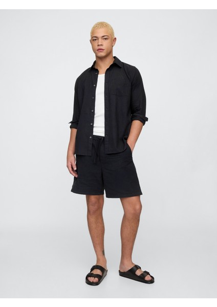 Erkek Siyah 7" Keten Karışımlı Easy Şort