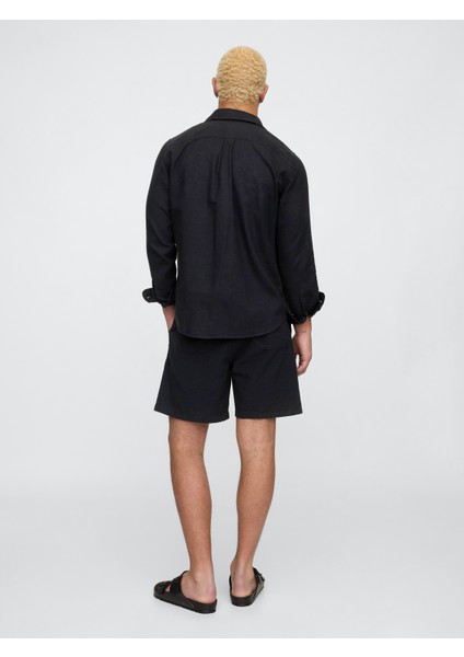 Erkek Siyah 7" Keten Karışımlı Easy Şort fırsatları