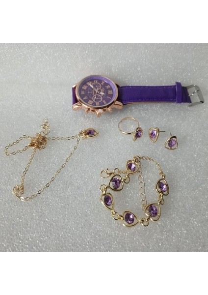 ( 6 x Parça ) Tıme Purple Saat + Kalp Kupe +Kolye + Bileklik + Yüzük Takı Seti Mor fırsatları