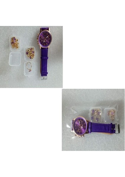 ( 6 x Parça ) Tıme Purple Saat + Kalp Kupe +Kolye + Bileklik + Yüzük Takı Seti Mor indirimleri