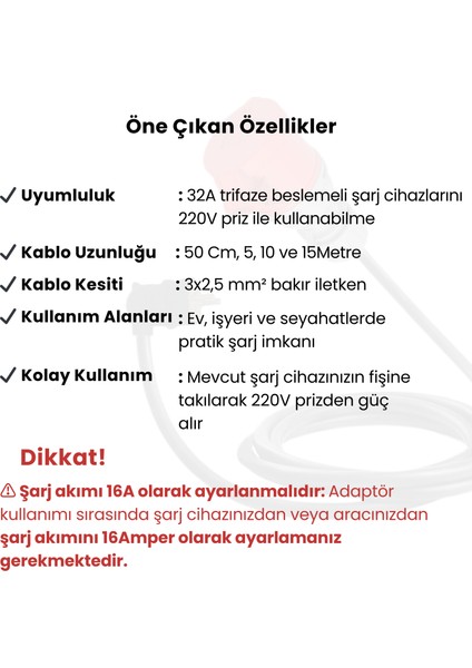 Elektrikli Araç Şarj Cihazı Dönüştürücü Adaptör 5Metre, 5x32A Fişli Trifaze Beslemeli Şarj Cihazlarınızı 220V Ev Tipi Priz ile Çalıştırmanızı Sağlar.