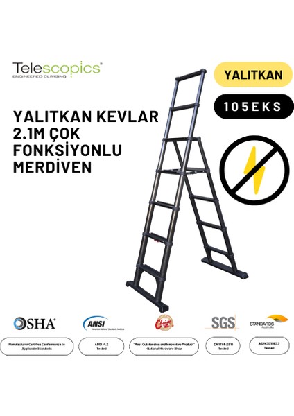 2.1m Kevlar Yalıtkan/Yüksek Gerilime Dayanıklı Çok Fonksiyonlu Merdiven 20ACKV - 105EKS