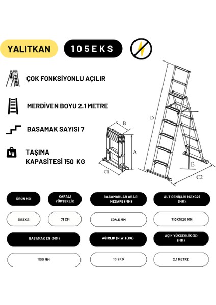 2.1m Kevlar Yalıtkan/Yüksek Gerilime Dayanıklı Çok Fonksiyonlu Merdiven 20ACKV - 105EKS