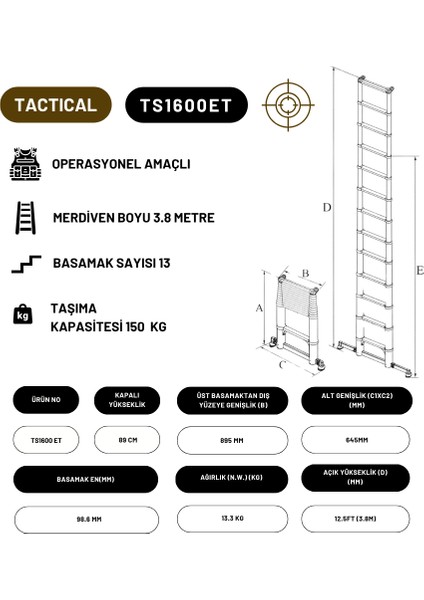 3.8m Taktik Amaçlı Tam Otomatik Teleskopik Merdiven (Yer tutamaklı) - TS1600ET modelleri