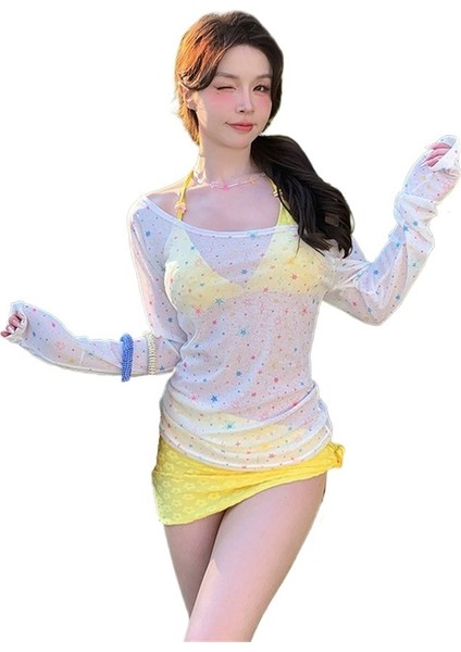 Yaz Yeni Bikini Mayo Kadın Dört Parçalı Set Tatlı Sıcak Kız Tatil Küçük Göğüs Ince Mayo (Yurt Dışından)