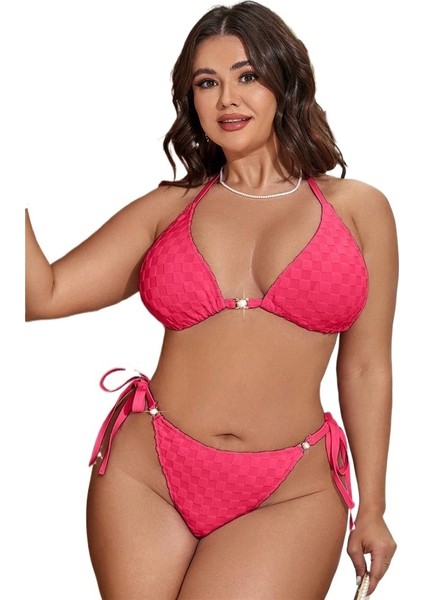 Yaz Büyük Beden Bikini Mayo Kadın Pembe Büyük Göğüs Jakarlı Üç Nokta Sırtı Açık Bölünmüş Mayo (Yurt Dışından)