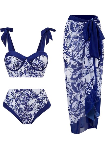 Kadın Mavi Üç Parçalı Bikini Etek Mayo (Yurt Dışından)