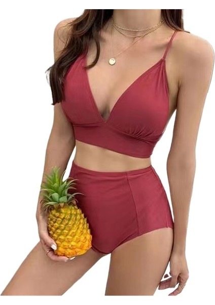 Yaz Kadın Mayo Bölünmüş Yüksek Bel Bikini Düz Renk Toplanmış Sevimli Küçük Göğüs Moda Sıcak Bahar Mayo (Yurt Dışından)