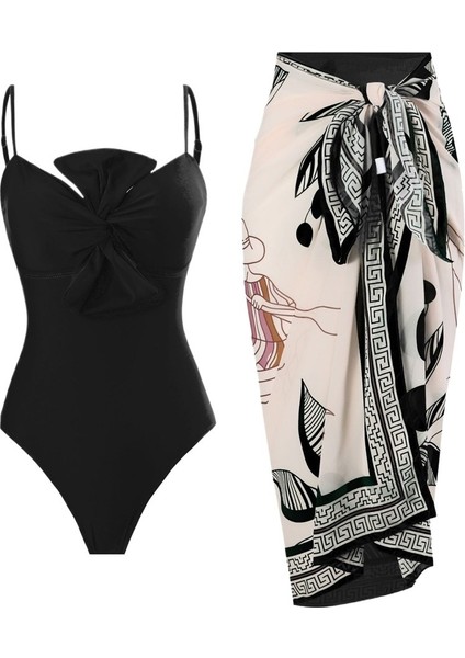 Yaz Siyah Tül Etek Takım Elbise Mayo Kadın Fiyonklu Sütyen Tek Parça Külot Bel Inceltici Mayo (Yurt Dışından)