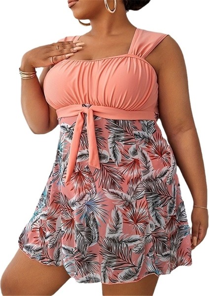 Pembe Tankini Renk Blok Etek Bölünmüş Bağımsız Boxer Külot Muhafazakar Büyük Beden Mayo Kadın (Yurt Dışından)