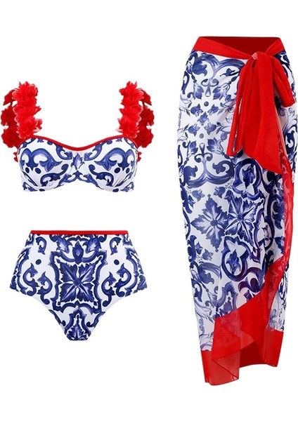 Yaz Tatili Için Olmazsa Olmaz Mayo Kadın Üç Parçalı Baskılı Bölünmüş Bikini Etek Mayo (Yurt Dışından)