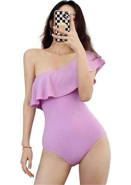 Yaz Yeni Düz Renk Bikini Büyük Fırfırlar Göbeği Örten Ince Tek Parça Tek Omuzlu Mayo Kadınlar Için (Yurt Dışından)