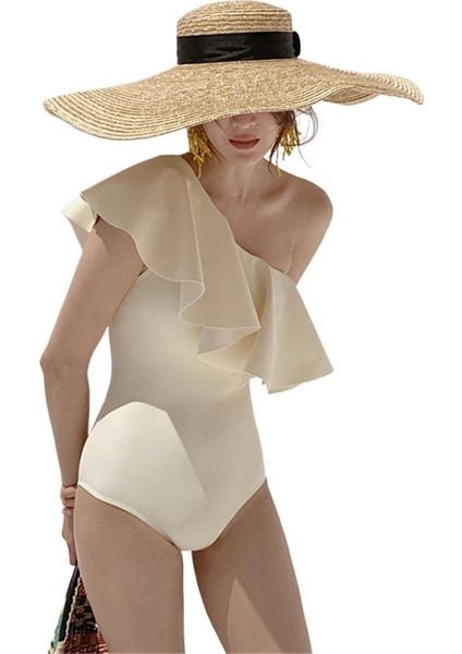 Yaz Yeni Düz Renk Bikini Büyük Fırfırlar Göbeği Örten Ince Tek Parça Tek Omuzlu Mayo Kadınlar Için (Yurt Dışından)