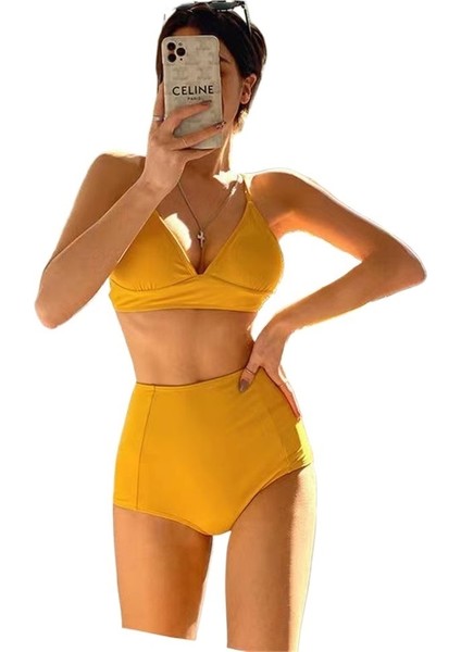 Yaz Kadın Mayo Bölünmüş Yüksek Bel Bikini Düz Renk Toplanmış Sevimli Küçük Göğüs Moda Sıcak Bahar Mayo (Yurt Dışından)