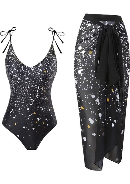 Yüzme Temel Siyah Baskılı Mayo Kadın Tek Parça Güneş Kremi Etek (Yurt Dışından)