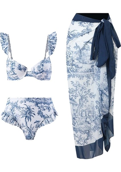 Yaz Tatili Tarzı Mor Üç Parçalı Mayo Kadın Baskılı Plaj Tül Etek (Yurt Dışından)