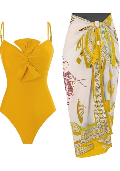 Sarı Tül Etek Takım Elbise Mayo Kadın Fiyonklu Sütyen Tek Parça Külot Bel Inceltici (Yurt Dışından)