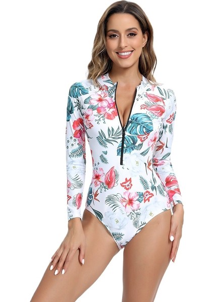 Yaz Baskılı Uzun Kollu Tek Parça Fermuarlı Spor Yarış Şnorkelli Dalış Sörf Kıyafeti Kadın Mayo (Yurt Dışından)