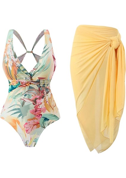 Sarı Takım Elbise Kadın Mayo Baskılı Tulum Güneş Kremi Etek Plaj Yaz (Yurt Dışından)