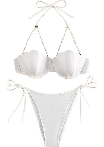 Yaz Yeni Askılı Yaka Beyaz Bölünmüş Mayo Çelik Destekli Toplanmış Bikini Mayo (Yurt Dışından)