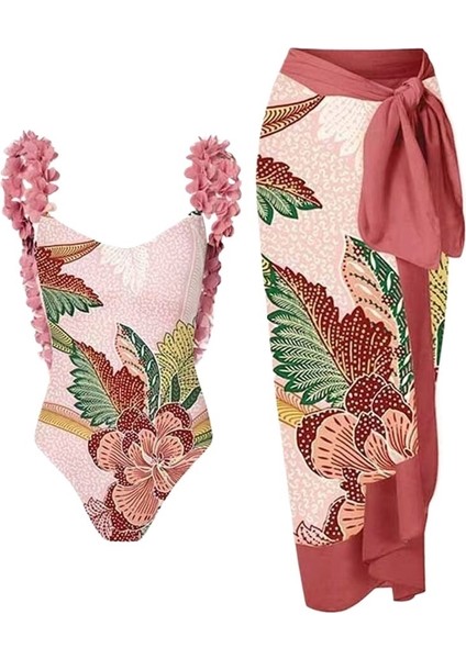 Yaz Yüzme Temel Mayo Kadın Moda Pembe Baskılı Yaprak Omuz Askısı Tasarımı Güneş Kremi Gazlı Bez Etek Takım Elbise (Yurt Dışından)