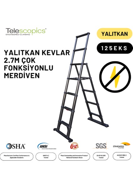 2.7m Kevlar Yalıtkan/Yüksek Gerilime Dayanıklı Çok Fonksiyonlu Merdiven 20ACKV - 125EKS