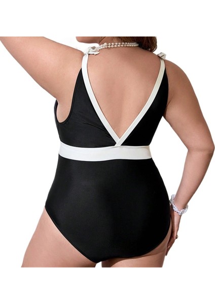 Yaz Yeni Büyük Boy Mayo Kadın Siyah Beyaz Dikiş Büyük Boy Mayo Plaj Mayo Boyutu: 4xl Göğüs 127CM (Yurt Dışından)