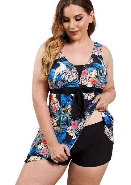 Yaz Yeni Büyük Boy Çiçek Desenli Muhafazakar Etek Bölünmüş Yüksek Bel Bikini Kadın Boyutu: 3xl Göğüs 102CM (Yurt Dışından)