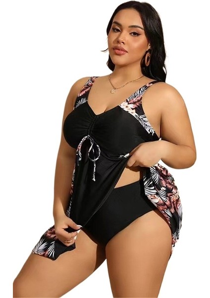 Yaz Yeni Siyah Büyük Boy Mayo Düz Renk Sıkı Sırtı Açık Tek Parça Mayo Bikini Kadın (Yurt Dışından)