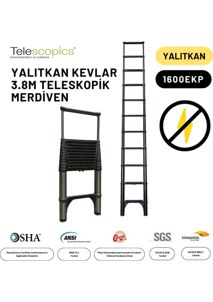3.8m Kevlar Yalıtkan/Yüksek Gerilime Dayanıklı Uzatma Teleskopik Merdiven AC25KV - 1600EKP