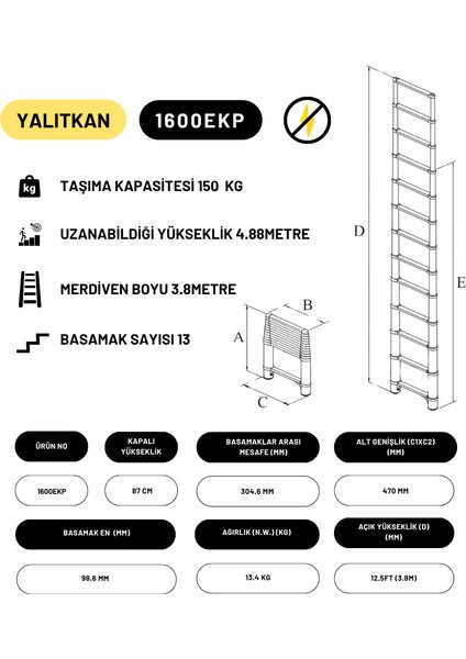 3.8m Kevlar Yalıtkan/Yüksek Gerilime Dayanıklı Uzatma Teleskopik Merdiven AC25KV - 1600EKP