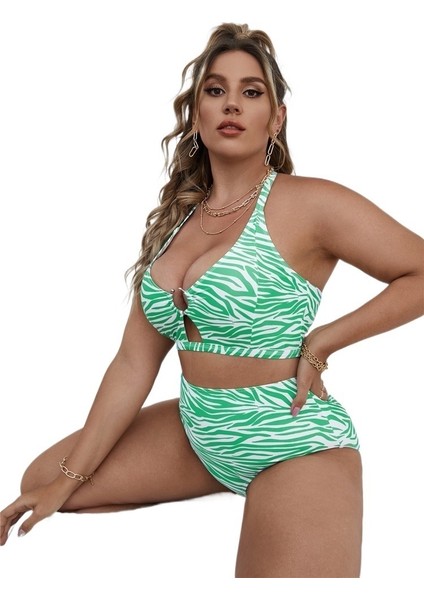 Yaz Büyük Beden Bikini Çizgili Baskılı Çok Renkli Iki Parçalı Yüksek Bel Külot Kadın Mayo Beden: 3xl (Yurt Dışından)