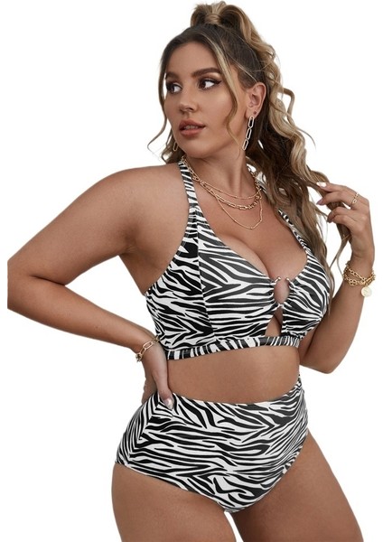 Yaz Büyük Beden Bikini Çizgili Baskılı Çok Renkli Iki Parçalı Yüksek Bel Külot Kadın Mayo Beden: 1xl (Yurt Dışından)