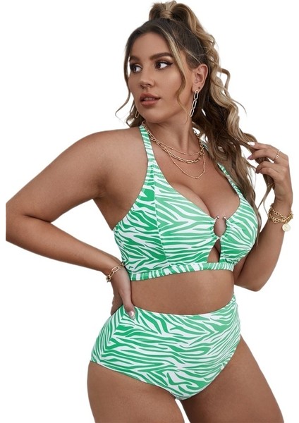 Yaz Büyük Beden Bikini Çizgili Baskılı Çok Renkli Iki Parçalı Yüksek Bel Külot Kadın Mayo Beden: 0xl (Yurt Dışından)