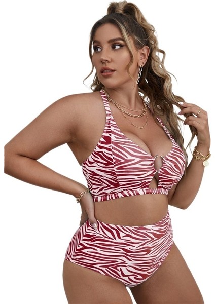 Yaz Büyük Beden Bikini Çizgili Baskılı Çok Renkli Iki Parçalı Yüksek Bel Külot Kadın Mayo Beden: 0xl (Yurt Dışından)