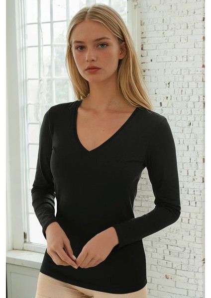 Uzun Kollu V Yaka Slim Fit Kadın Body 2039