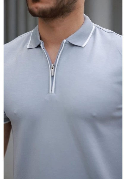 Erkek Fermuar Yakalı Çizgi Detaylı Kısa Kollu Tişört modelleri