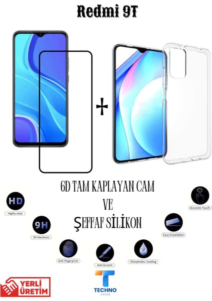 Redmi 9t 6d Tam Kaplayan Ekran Koruyucu ve Şeffaf Kılıf 2li Avantajlı Paket