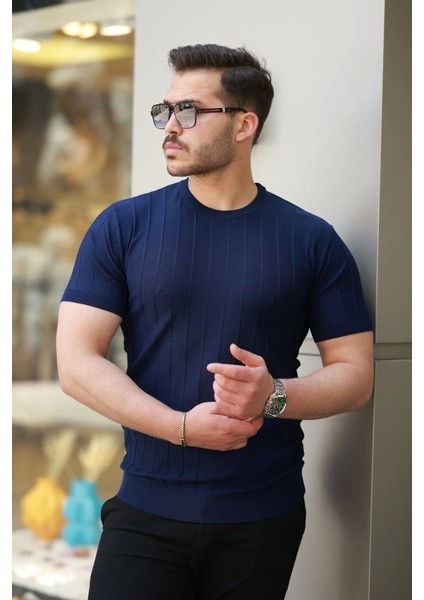 Erkek Kısa Kollu Bisiklet Yaka Çizgili Triko Tişört fiyatları