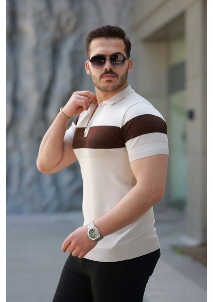 Erkek Fermuar Yakalı Şerit Renk Desenli Kısa Kollu Tişört fiyatları