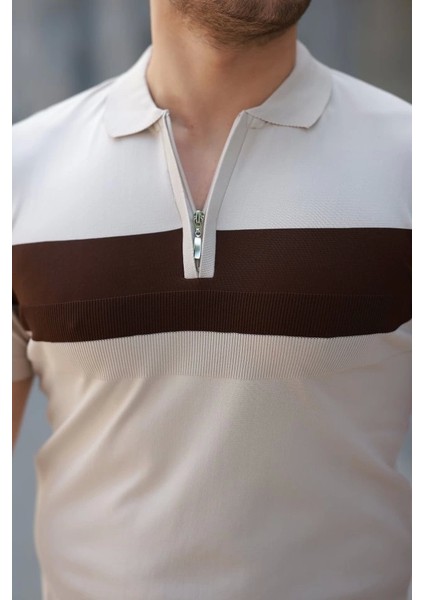 Erkek Fermuar Yakalı Şerit Renk Desenli Kısa Kollu Tişört modelleri