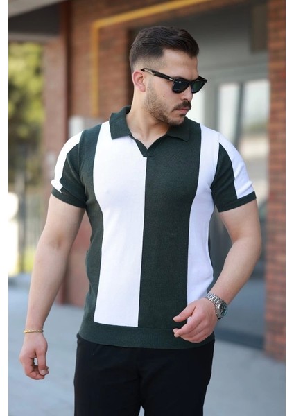 Erkek Kısa Kollu Polo Yakalı Blok Desenli Triko Bluz