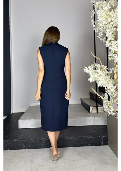 G1022 Yaka ve Kol Taş Detaylı Tasarım Elbise Lacivert fiyatları