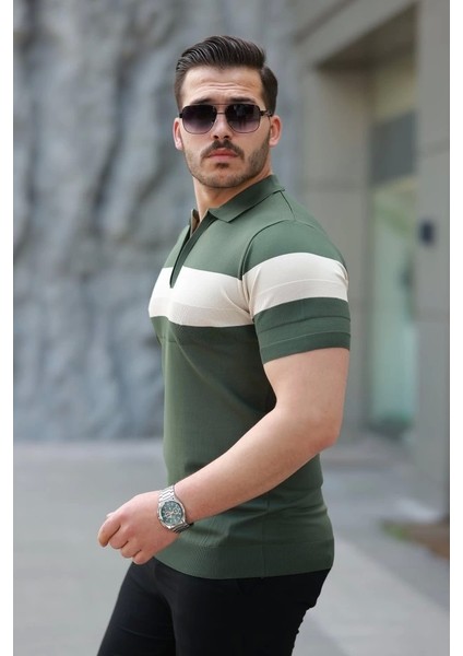 Erkek Fermuar Yakalı Şerit Renk Desenli Kısa Kollu Tişört fiyatları