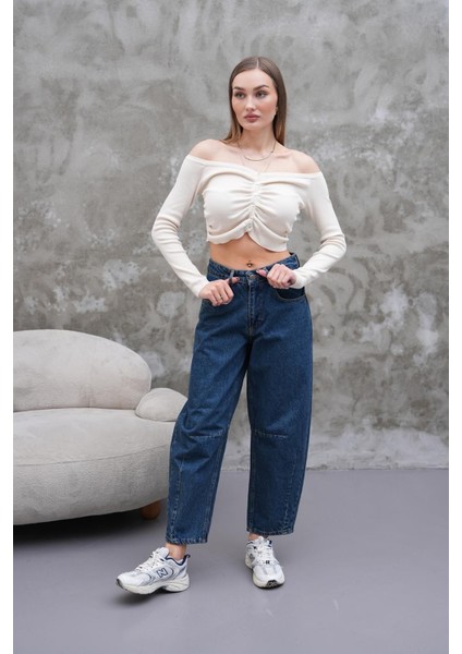 Mom Jean Yüksek Bel Bol Kesim Paça Pileli Esnek Kot Pantolon Lacivert modelleri
