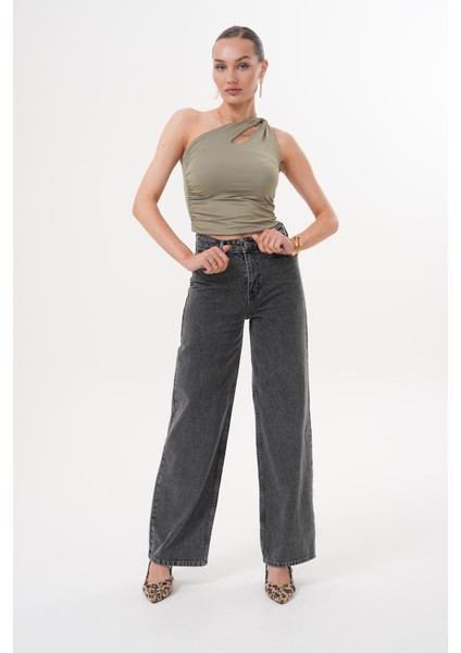 Kadın Palazzo Salaş Paça Süper Yüksek Bel Jean Pantolon Antrasit modelleri