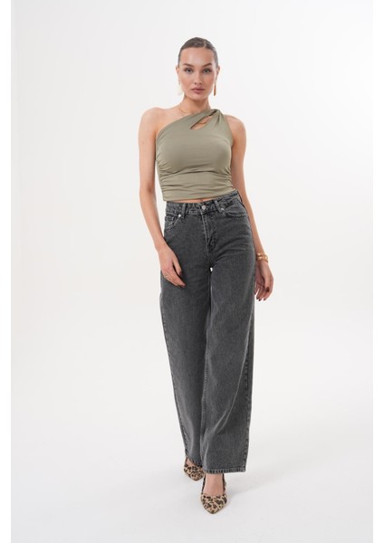 Kadın Palazzo Salaş Paça Süper Yüksek Bel Jean Pantolon Antrasit fırsatları