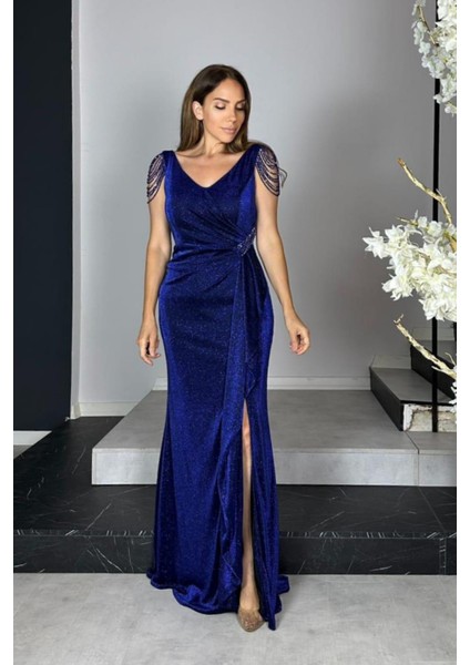 G1444 Taş Detaylı Simli Maksi Abiye Elbise Lacivert