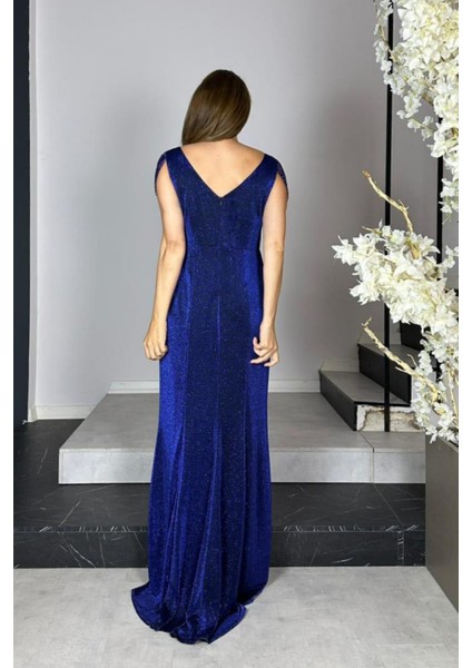 G1444 Taş Detaylı Simli Maksi Abiye Elbise Lacivert fiyatları